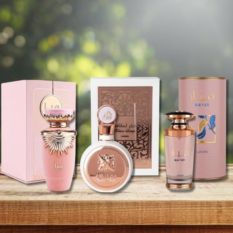 GIFT/SET BUNDLE LATTAFA HAYA,FAKHAR,MAYAR 3 PIECE  HAYA 100ML EDP, FAKHAR 100ML EDP, MAYAR 100ML EDP  FOR WOMEN. DESIGNER:LATTAF