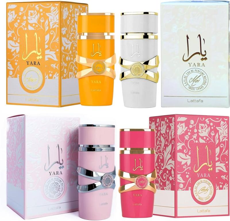 GIFT/SET LATTAFA 4 PIECE (YARA FOR WOMEN + YARA MOI FOR WOMEN + YARA TOUS FOR WOMEN + CANDY 100ML EDP FOR WOMEN. DESIGNER:LATTAF