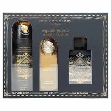 LATTAFA BADEE AL OUD FOR GLORY 3 PC SET: 3.4 EDP SPRAY + 6.8 DEO SPRAY + HAIR MIST FOR MEN. By  For  LATTAFA BADEE AL OUD FOR GLORY 3 PC SET: 3.4 EDP SPRAY + 6.8 DEO SPRAY + HAIR MIST FOR MEN. By  For