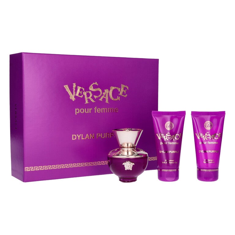 GIFT/SET DYLAN PURPLE BY VERSACE 3 PCS. 1.7 EDP SPRAY + B/L + S/G FOR WOMEN. DESIGNER:VERSAC